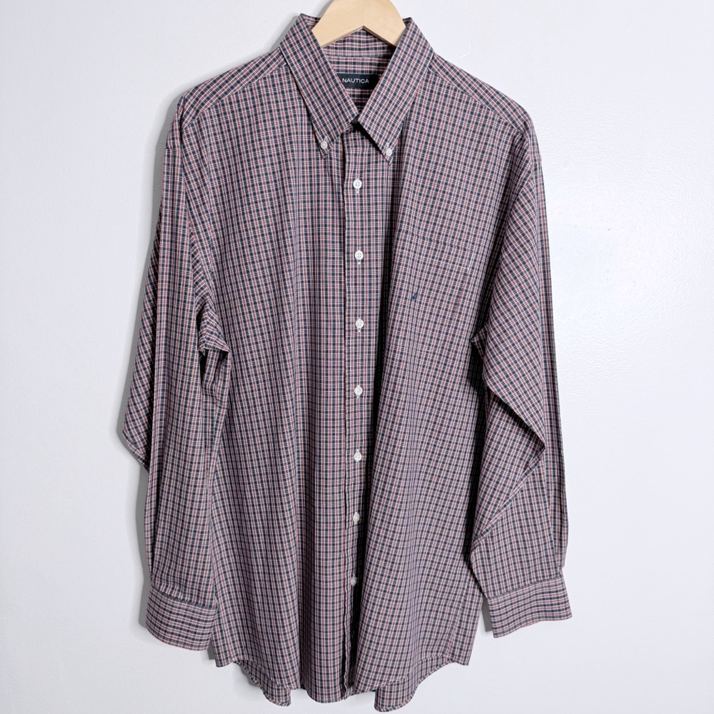 Nautica Men’s XL (17) Navy Red Button Down Long Sleeves Shirt Workwear‎ Casual